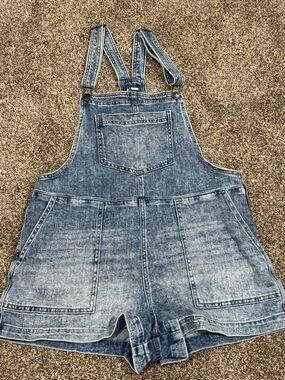 Aerie Size Medium Denim Short Overalls - Light Blue Wash Daisy Embroidery Summer